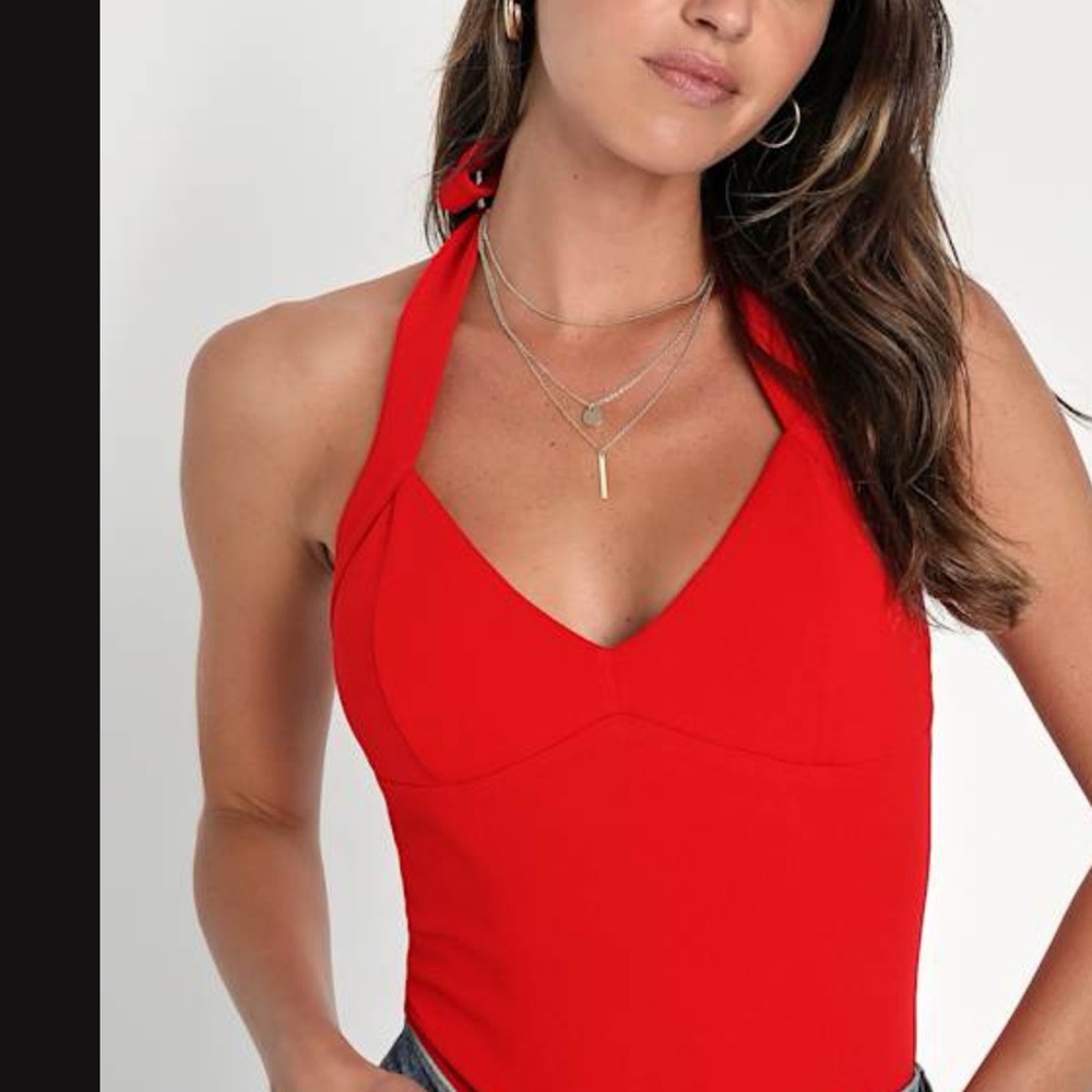 Lulus Sultry Status Red Sleeveless Halter Bodysuit L NWT